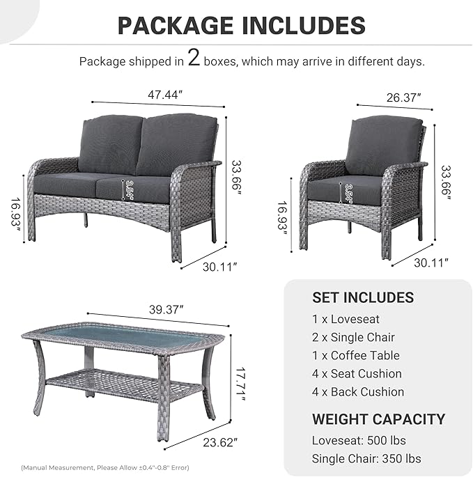 ovios 4 Pieces Patio Furniture Set, Outdoor Wicker Sofa with Coffee Table, Chairs, All Weather High Back Rattan Loveseat Couch with Comfy Cushions, Black