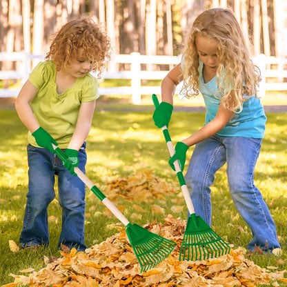 2 Pcs 35'' Kids Rakes for Leaves - Plastic Rake Head with 2 Pairs Kids Gloves, Small Kids Lawn Rakes Detachable Wooden Handle, Autumn Garden Tool Set for Kids Boys and Girls, Green, 3yr+