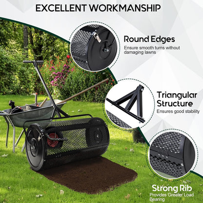 Compost and Peat Moss Spreader with Updated 2 in 1 ATV & T Shaped Handle, 16”WX48”L, Lawn and Garden Peat Moss Roller w/Laser Cutting Wire Mesh Baskets for Spreading Manure, Topsoil