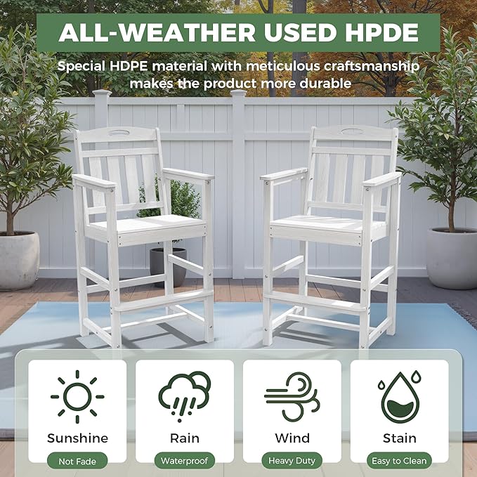 HDPE Outdoor Patio Tall Adirondack Bar Chair, All-Weather Bar Height Balcony Adirondack Stools for Bistro, Garden, Backyard, Deck | White