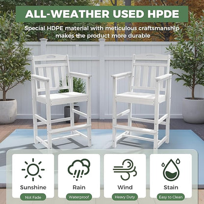 HDPE Outdoor Patio Tall Adirondack Bar Chair, All-Weather Bar Height Balcony Adirondack Stools for Bistro, Garden, Backyard, Deck | White