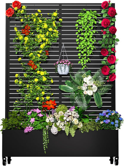 Metal Planter Box with Trellis, 72"x47"x16" Outdoor Galvanized Raised Garden Bed with Privacy Screen & Drainage Holes & Lockable Casters for Climbing Plants, Vegetable, Vines (Black-Louvered)
