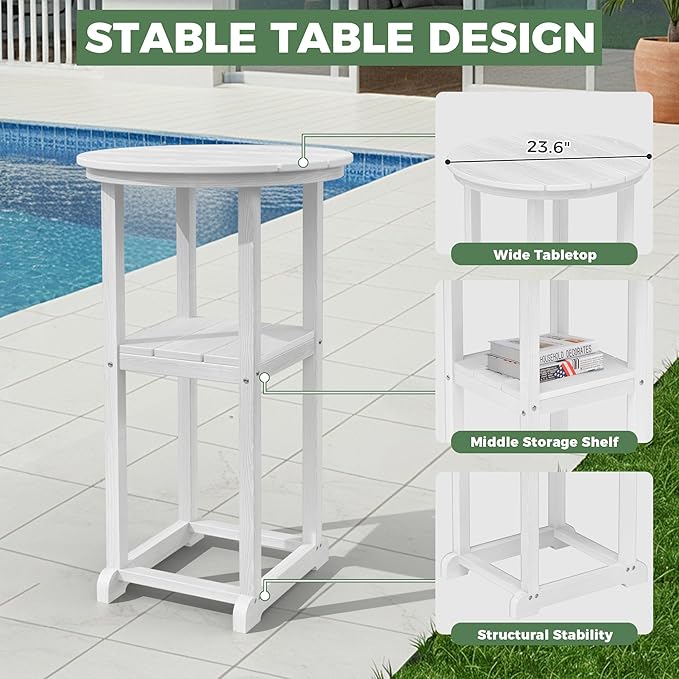 HDPE Outdoor Patio Bar Set with Bar Height Table and 2 Adirondack Chairs, All-Weather High Top Outside Round Pub Furniture for Bistro, Garden, Backyard, Deck | 3-Pieces, White