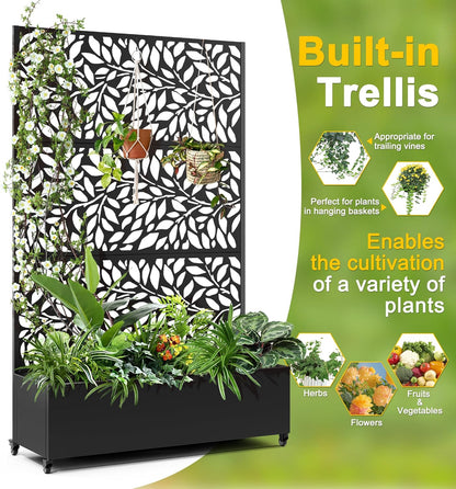 FENCY Metal Raised Garden Bed with Wheels and Trellis,73"x47"x16" Planter Box for Climbing Plants, Vegetables & Vines, Features Privacy Screen and Drainage Holes (Black-Leaf-2)