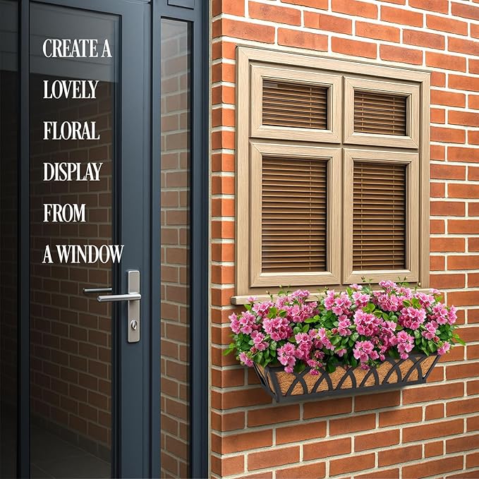 2 Pack 32IN Window Box Railing with Adjustable Brackets, Hanging Flower Planter Basket with Coco Liner for Outdoor Balcony Porch Fence Patio (Black)
