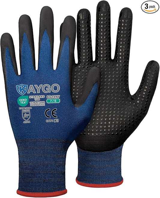 KAYGO MicroFoam Nitrile Coated Work Gloves, 3 Pairs KG19N Seamless Knit Nylon, Micro Dots for Enhanced Grip, Breathable and Durable, Ideal for Automotive, General Assembly, Painting, Blue, S