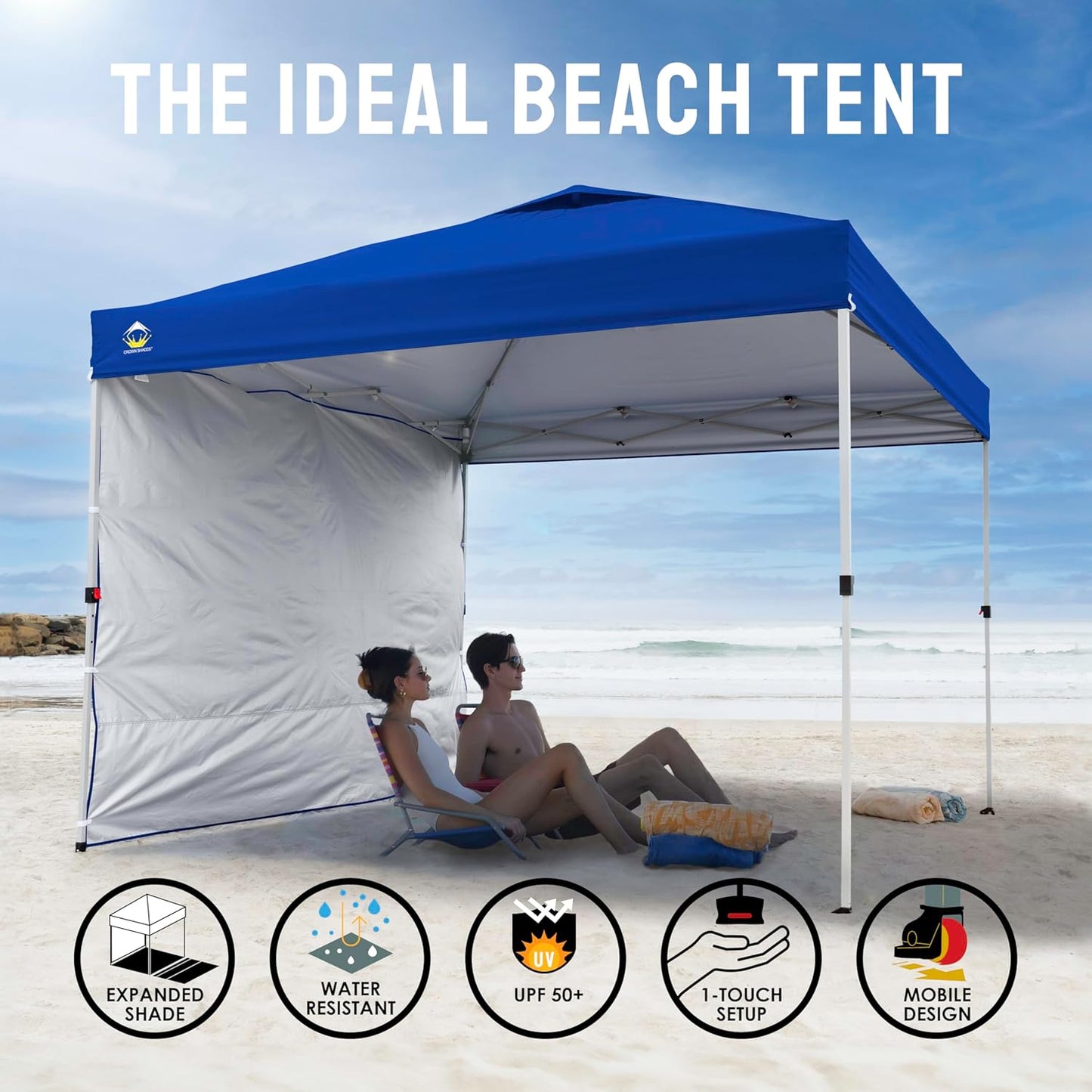 CROWN SHADES 10x10 Pop Up Canopy with 1 Side Wall - Beach Tent with One Push Setup - Outdoor Sun Shade for Events, Parties, Camping - Gazebo with STO-N-Go Cover Bag (Navy Blue)