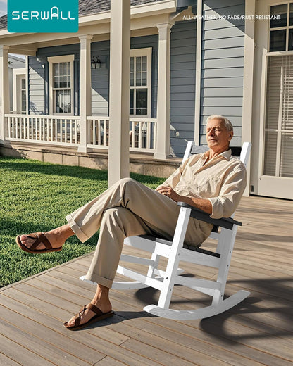 SERWALL Outdoor Rocking Chair Set of 4, HDPE Rocking Chairs for Adult, All Weather Porch Rockers for Lawn Garden, Gray & White