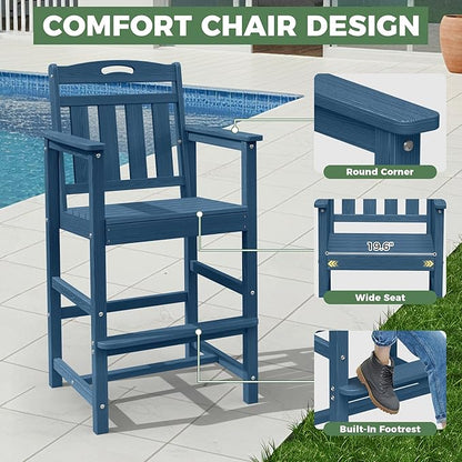 HDPE Outdoor Patio Bar Set with High Top Table and 2 Adirondack Chairs, All-Weather Bar Height Outside Rectangular Pub Furniture for Bistro, Garden, Backyard, Deck | 3-Pieces, Navy Blue