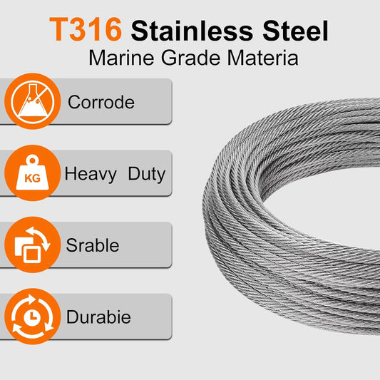 100FT 1/16" Wire Rope Kit, 7x7 Marine Stainless Steel Strand Core, T316 Strength for Hanging, Aircraft, Yard, Garden, Deck Railing, Trellis Wire with Crimping Sleeves, Thimbles, Cable Cutter