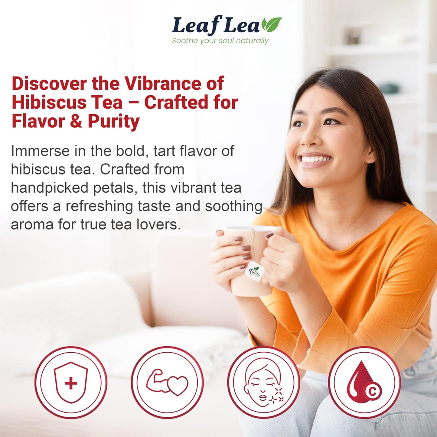 LeafLea 120 Hibiscus Tea Bags, 100% Pure Natural Hibiscus Flowers Herbal Tea, Natural Red Hibiscus Flower Tea, Te de Hibisco, Caffeine-Free, No Sugar, Vegan, Non-GMO, Rich in Flavor & Color, Pack of 3