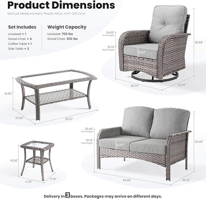 ovios 8 Pieces Patio Furniture Set, Outdoor Wicker Sofa with Swivel Chairs, Coffee Table, All Weather High Back Rattan Loveseat Couch with Comfy Cushions, Dark Grey