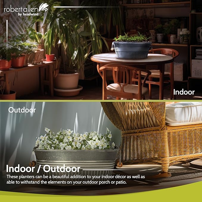 Headwind Vintage Collection 14-Inch White Wash Oval Galvanized Tub with Handles – Metal Wash Basin Planter - Galvanized Metal Tub for Indoor & Outdoor Use by Robert Allen