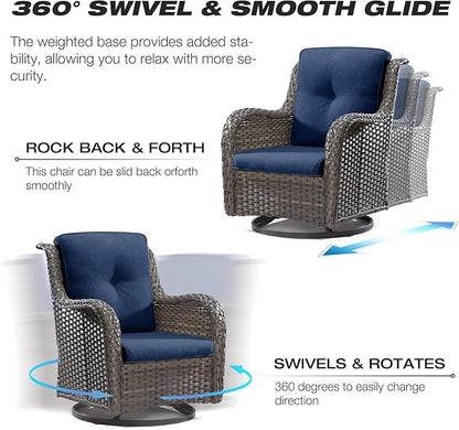 Joyside Outdoor Swivel Rocker Patio Chair - Outdoor Wicker Glider Rocking Chair with Olefin Fabric Cushions Suitable for Porch Deck and Backyard(Mixed Grey/Dark Blue)