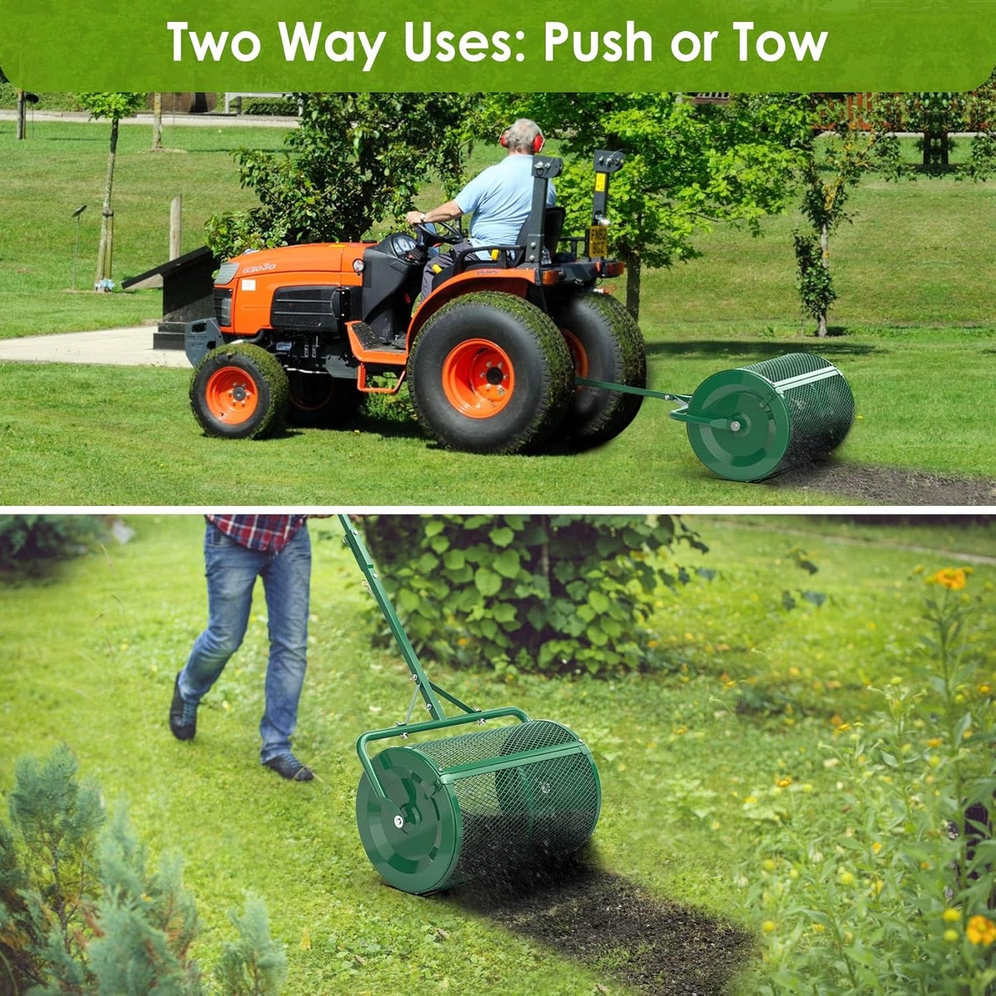 Seeutek Compost Spreader - 24" Peat Moss Spreader with 3 Heights, Top Soil Spreader W/Upgraded Side Latches Support Rod Powder Coated Metal Mesh Top Dressing Spreader for Lawn, 2 Way Uses-Push or Tow