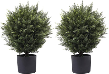 21” Artificial Cedar Outdoor Artificial Shrub Sunlight Resistant Leafy Potted Plant for Indoor Porch of Home and Office Artificial Outdoor Tree 2 Pieces a Set Topiary Trees