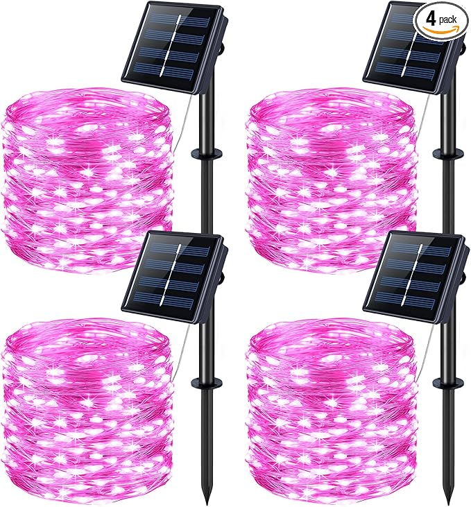 JMEXSUSS 4 Pack Pink Solar Lights, Each 33ft 100 LED Solar String Lights Outdoor Waterproof, 8 Modes Copper Wire Pink Fairy Light for Yard Patio Garden Party Wedding Decorations