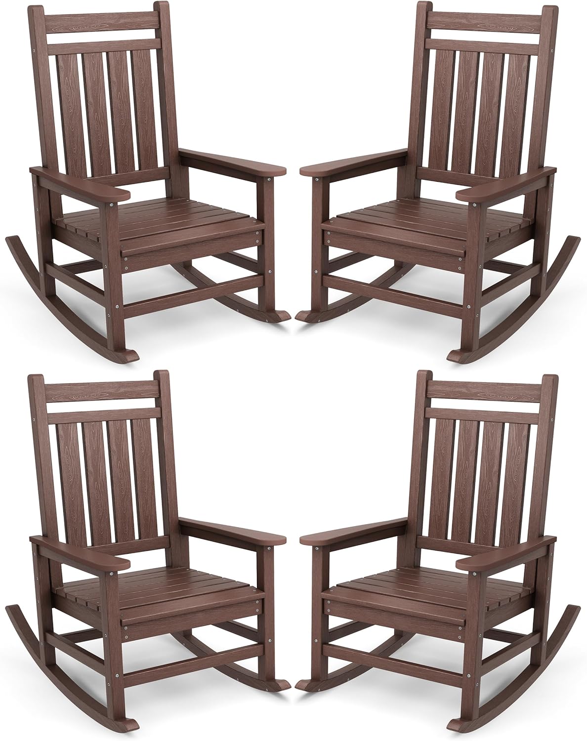 SERWALL Oversized Outdoor Rocking Chair Set of 4, HDPE Rocker for Adults, Patio Rocking Chairs for Porch, Brown