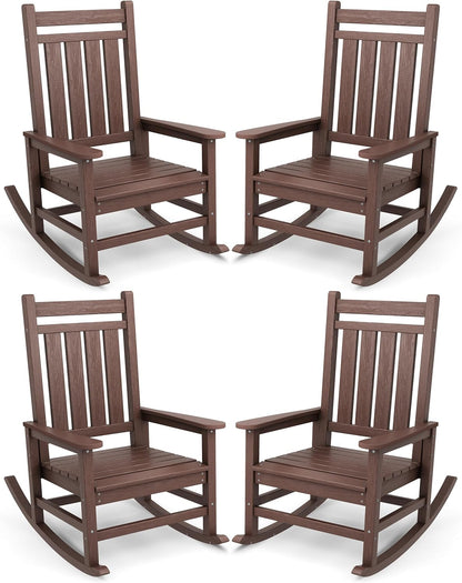 SERWALL Oversized Outdoor Rocking Chair Set of 4, HDPE Rocker for Adults, Patio Rocking Chairs for Porch, Brown