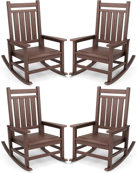 SERWALL Oversized Outdoor Rocking Chair Set of 4, HDPE Rocker for Adults, Patio Rocking Chairs for Porch, Brown