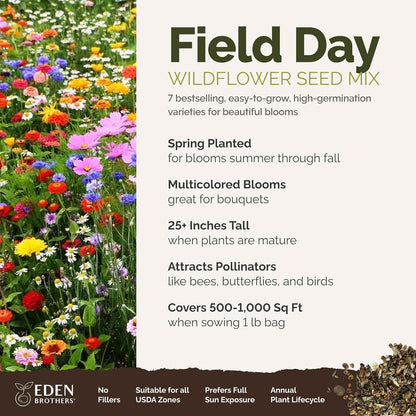 Eden Brothers Field Day Flower Mixed Seeds for Planting, 1 lb, 480,000+ Seeds with Zinnia Lilliput, Calendula Mix | Attracts Pollinators, Plant in Spring or Fall, Zones 3, 4, 5, 6, 7, 8, 9, 10