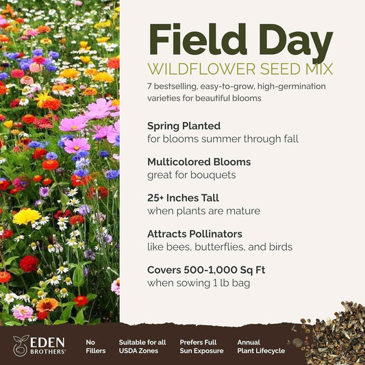 Eden Brothers Field Day Flower Mixed Seeds for Planting, 1 lb, 480,000+ Seeds with Zinnia Lilliput, Calendula Mix | Attracts Pollinators, Plant in Spring or Fall, Zones 3, 4, 5, 6, 7, 8, 9, 10
