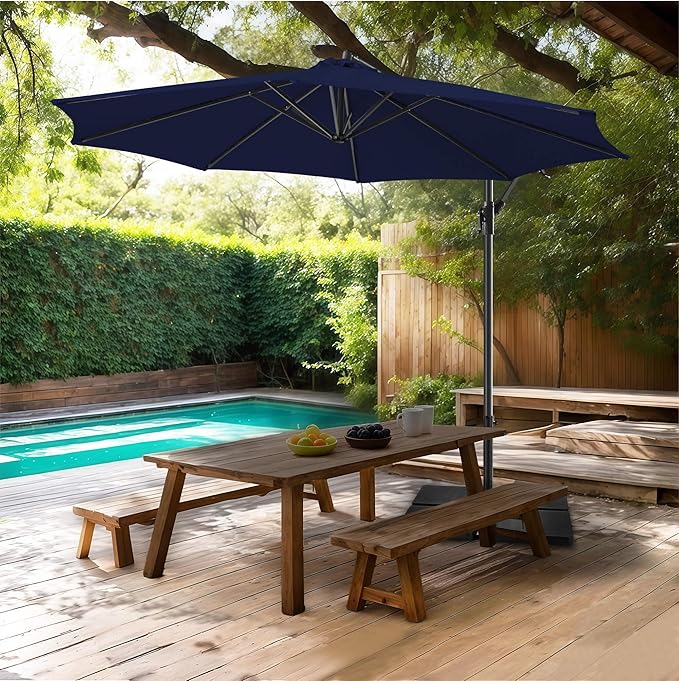 FLAME&SHADE 10ft Cantilever Patio Umbrella Outdoor, Large Offset Umbrella with Crank and Cross Base, UPF 50+ UV Protection Hanging Umbrella for Pool Deck Garden, Navy Blue