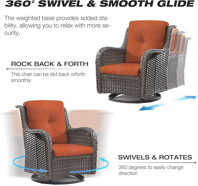 Joyside Outdoor Swivel Rocker Patio Chair - Outdoor Wicker Glider Rocking Chair with Olefin Fabric Cushions Suitable for Porch Deck and Backyard(Mixed Grey/Orange)