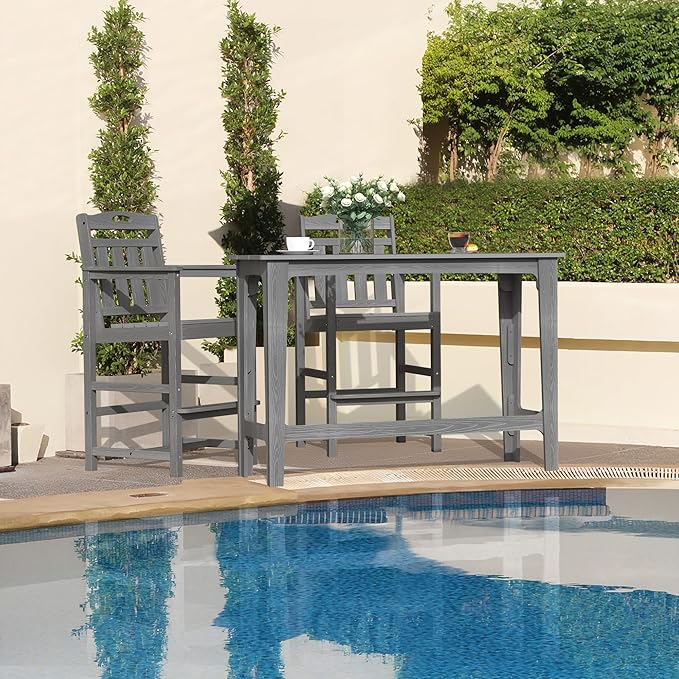 HDPE Outdoor Patio Bar Set with High Top Table and 2 Adirondack Chairs, All-Weather Bar Height Outside Rectangular Pub Furniture for Bistro, Garden, Backyard, Deck | 3-Pieces, Grey