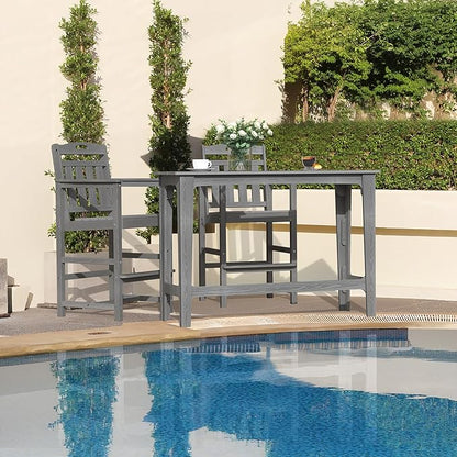 HDPE Outdoor Patio Bar Set with High Top Table and 2 Adirondack Chairs, All-Weather Bar Height Outside Rectangular Pub Furniture for Bistro, Garden, Backyard, Deck | 3-Pieces, Grey