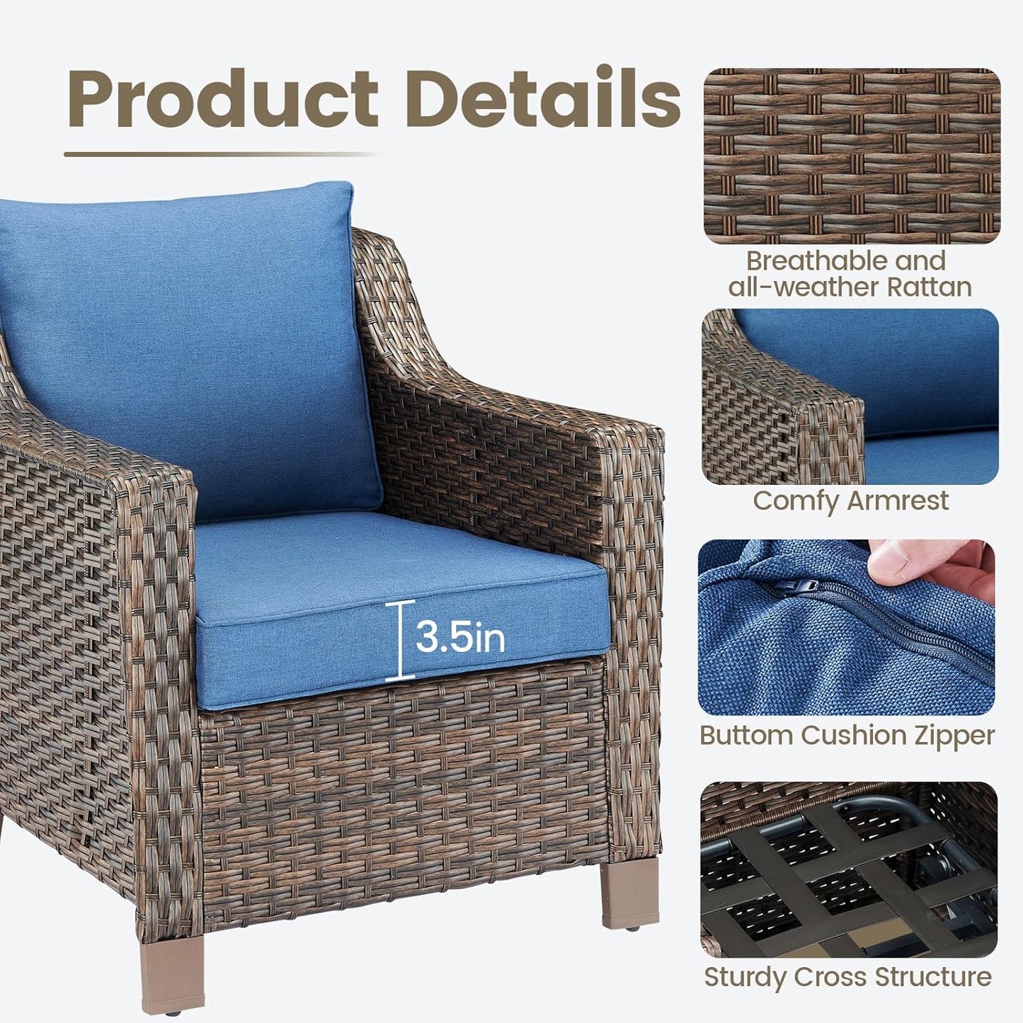 Outdoor Wicker Patio Chairs Set of 4 - Heavy Duty Outside Rattan Lawn Chair for Front Porch Balcony Backyard Yard Deck Poolside Apartment – Brown/Blue
