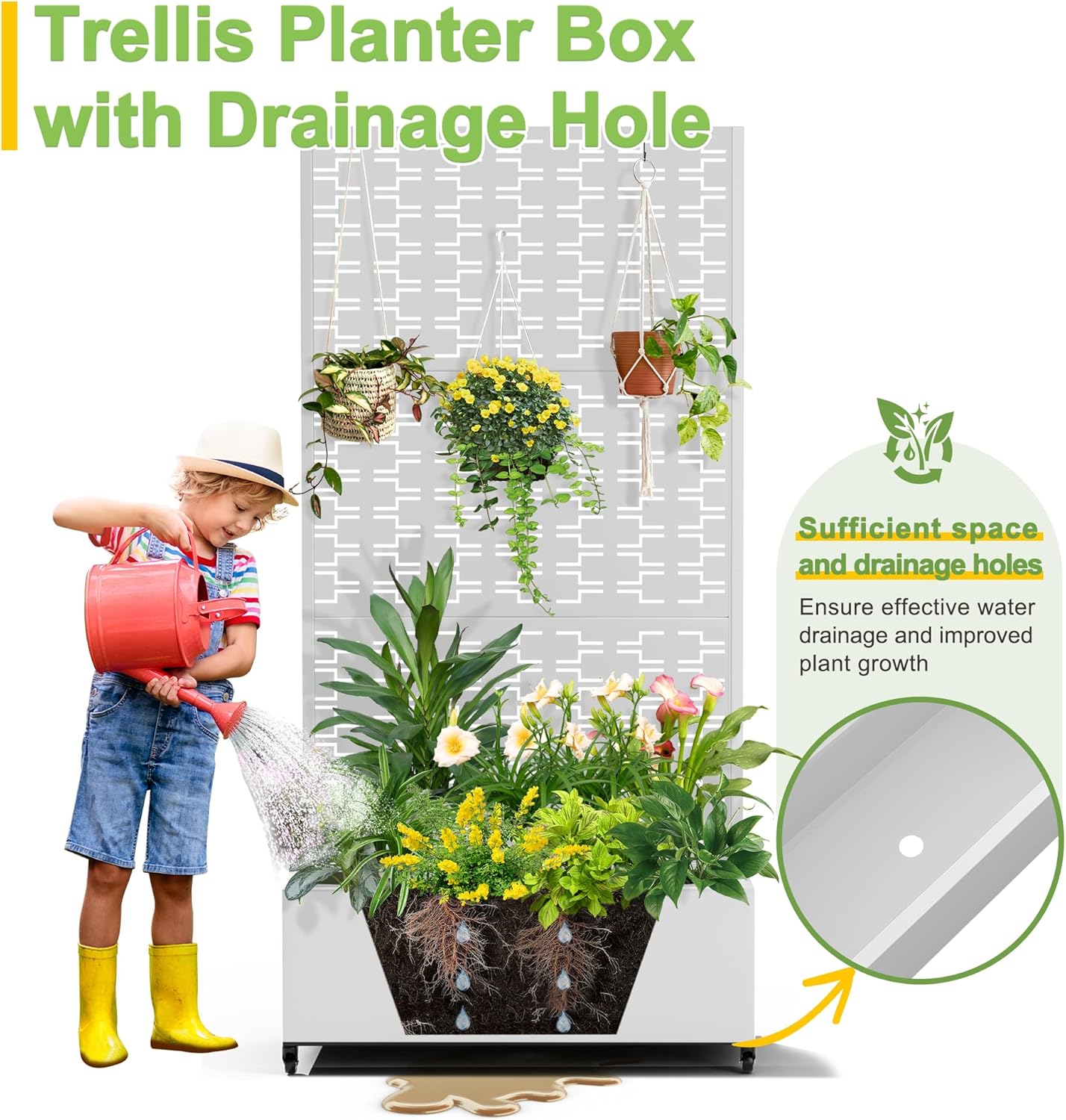 FENCY Metal Raised Garden Bed with Wheels and Trellis,73"x35"x16" Planter Box for Climbing Plants, Vegetables & Vines, Features Privacy Screen and Drainage Holes (White-Brick)