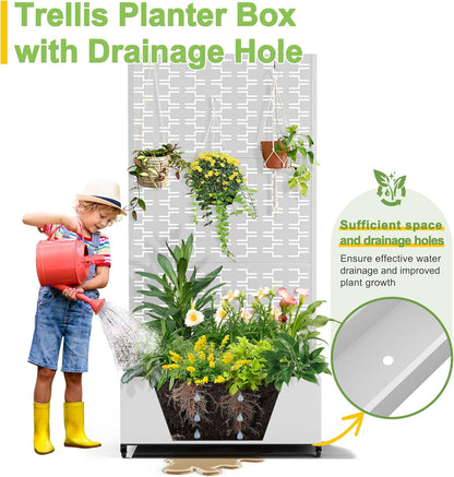 FENCY Metal Raised Garden Bed with Wheels and Trellis,73"x35"x16" Planter Box for Climbing Plants, Vegetables & Vines, Features Privacy Screen and Drainage Holes (White-Brick)