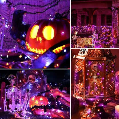 Solar String Lights Outdoor Waterproof 2 Pack Total 66ft 200LED 8 Modes Twinkle Lights Solar Fairy Lights for Patio, Garden Yard Party Tree Christmas Halloween Decoration, Orange + Purple