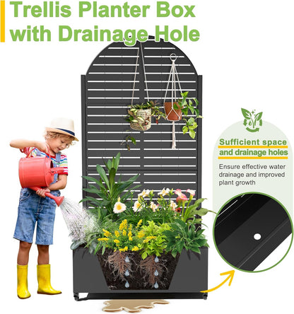 FENCY Metal Raised Garden Bed with Wheels and Trellis,Arched 73"x35"x16" Planter Box for Climbing Plants, Vegetables & Vines, Features Privacy Screen and Drainage Holes (Black-Louvered)