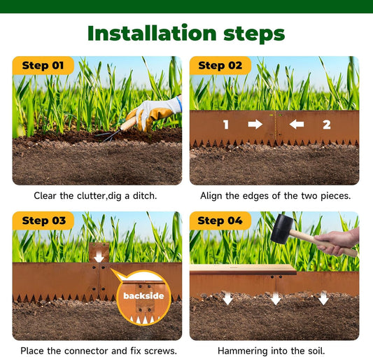 Cortens Steel Garden Metal Landscape Edging 40 inch with Top Bending Protection Pre-Rusted Cortens Steel Garden Edging 8 Inch Depth 90 Degree Bend 6 Pack for Lawn Yard (8 inch-90 Degree Bend, Rusted)