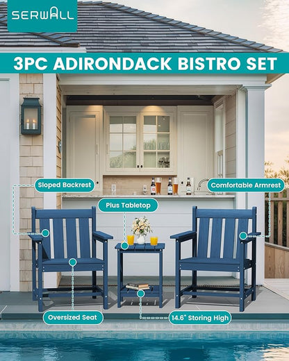 SEWRWALL Patio Furniture Set, HDPE Material All Weather Use Adirondack Chair Set with Side Table for Balcony, Porch, Garden, Backyard- Navy