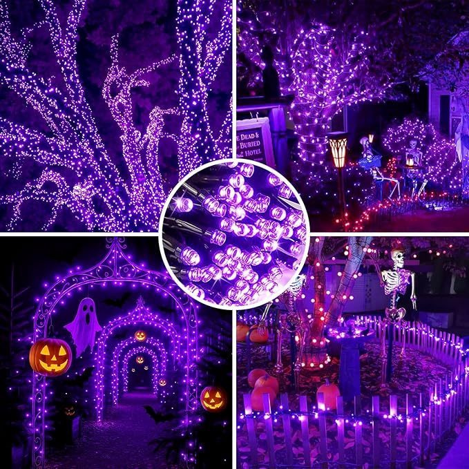 4 Pack Purple Solar Halloween Lights Outdoor Waterproof, 180FT 320 LED Solar String Lights with Green Wire 8 Modes Solar Fairy Twinkle Light for Tree Bush Garden Horror Party Halloween Decorations