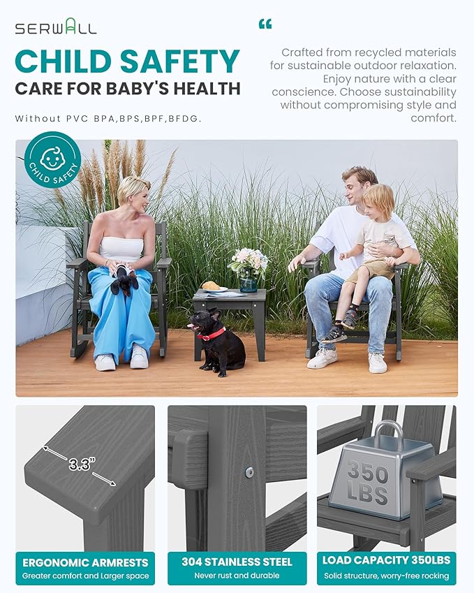 SERWALL 3 Piece Rocking Bistro Set, Patio Furniture Set with 2 Outdoor Rocking Chairs and 1 Side Table for Backyard,Porch, Poolside, Balcony, and Garden- Grey