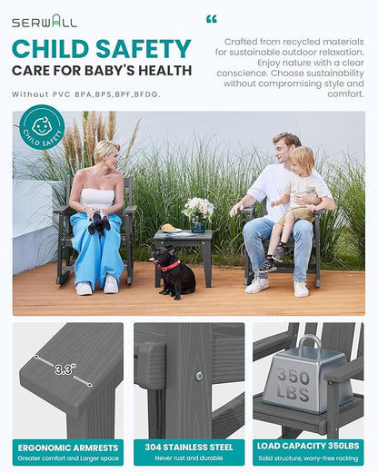 SERWALL Outdoor Rocking Bistro Set, HDPE Patio Furniture Set, Porch Rocking Chair Set with Table for Backyard, Balcony, and Garden- Grey