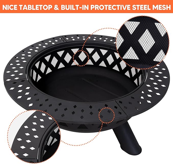 SUNCREAT 42" Large Outside Fire Pit, Round Fire Pit Wood Burning with Widened Tabletop, Spark Screen, Fire Poker, Phombus Pattern