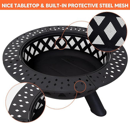 SUNCREAT 42" Large Outside Fire Pit, Round Fire Pit Wood Burning with Widened Tabletop, Spark Screen, Fire Poker, Phombus Pattern