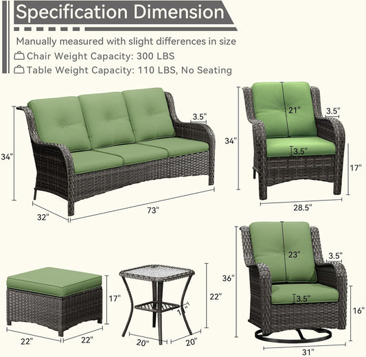 Wicker Patio Furniture Set 8-PCS with A 3-Seat Sofa, 2 Swivel Rocking Chairs, 2 Armchairs, 2 Ottomans and 1 Side Table Patio Conversation Set, Green