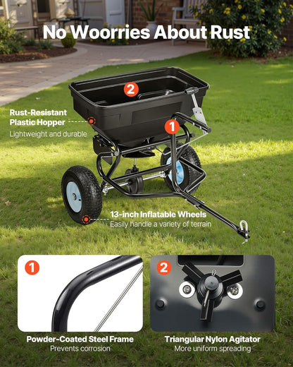 VEVOR Tow Behind Broadcast Spreader, 130LBS Capacity, Tow-Behind Lawn Spreader with 13 in Tires, 30 Adjustable Setting & 9.8 ft Spreading Width, Lawn Spreaders for Seed, Fertilizer, Salt, Ice Melt
