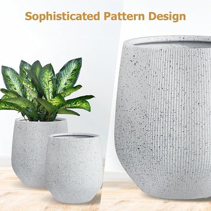 21" H x 19" D Ribbed Corso Fiberstone Round Planter with Drainage Hole, Weather Resistant for Indoor and Outdoor Use, Included 2 Extra Coco Mats (Ribbed Speckled White, 15" Pot Opening)