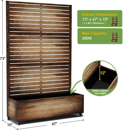 FENCY Metal Raised Garden Bed with Wheels and Trellis,73"x47"x16" Planter Box for Climbing Plants, Vegetables & Vines, Features Privacy Screen and Drainage Holes (Vintage Wood Color)