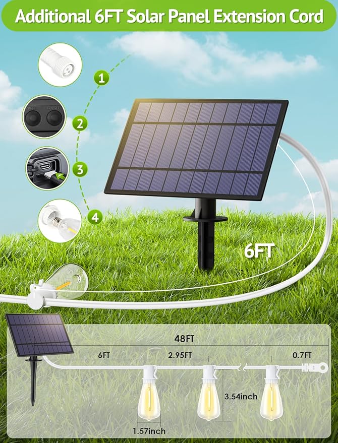 48FT Solar Outdoor String Lights with Remote & Timer, Shatterproof Dimmable 3 Modes Patio Lights with 15+1 ST38 LED Bulbs for Backyard-White