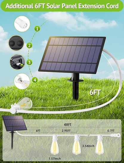 48FT Solar Outdoor String Lights with Remote & Timer, Shatterproof Dimmable 3 Modes Patio Lights with 15+1 ST38 LED Bulbs for Backyard-White