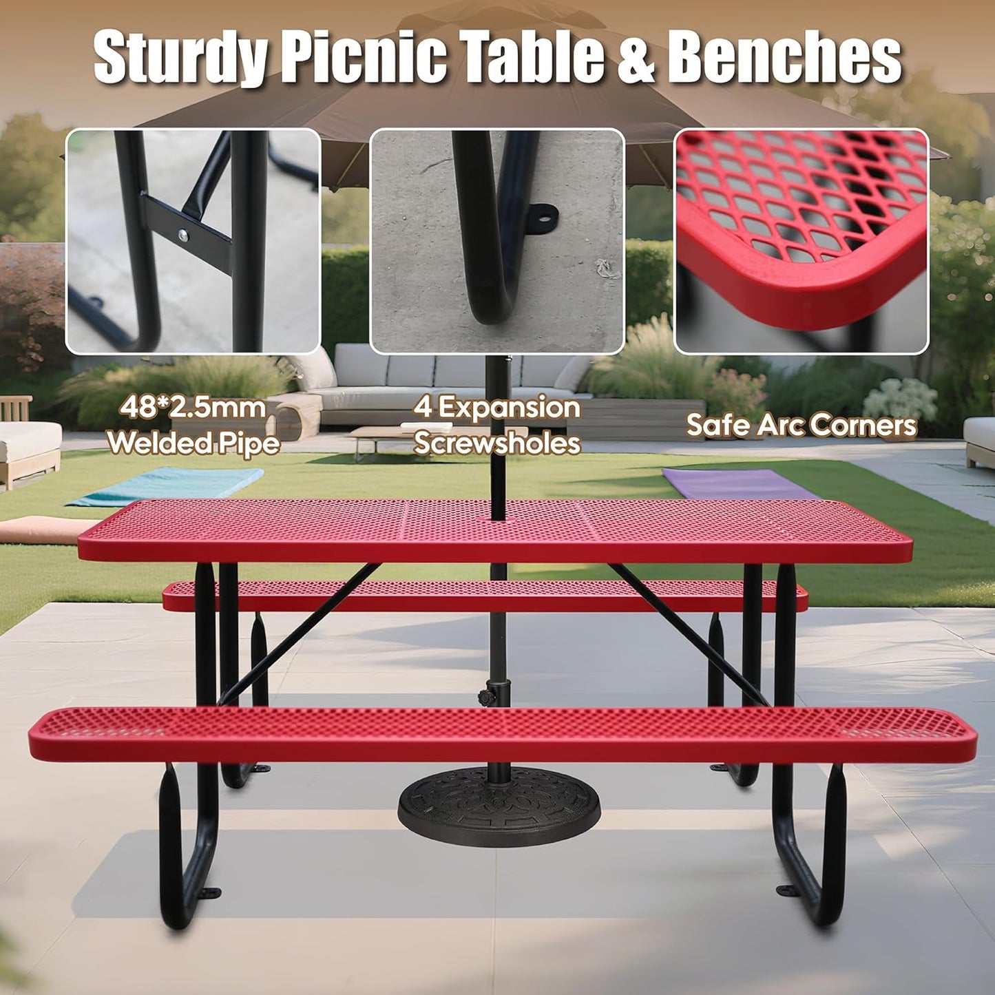 6FT Metal Picnic Tables for Outdoors, Commercial Rectangular Picnic Table and Bench Set for Outside, Patio, Garden, Backyard, Porch, Surface Mount, Red