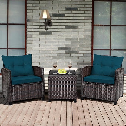 RELAX4LIFE 3 Piece Patio Furniture Set, Wicker Bistro Conversation Set w/2 Cushioned Armchairs & Glass Topped Table, Outdoor Rattan Sofa Set Patio Furniture for Porch Balcony Poolside (Peacock Blue)